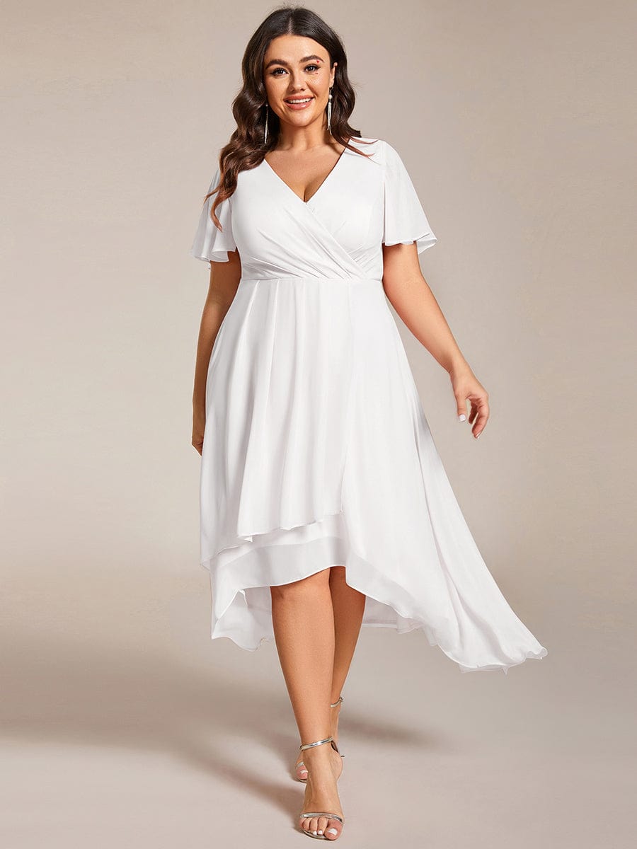 Plus Size Chiffon Short Sleeve High-Low Wedding Guest Dress #color_White