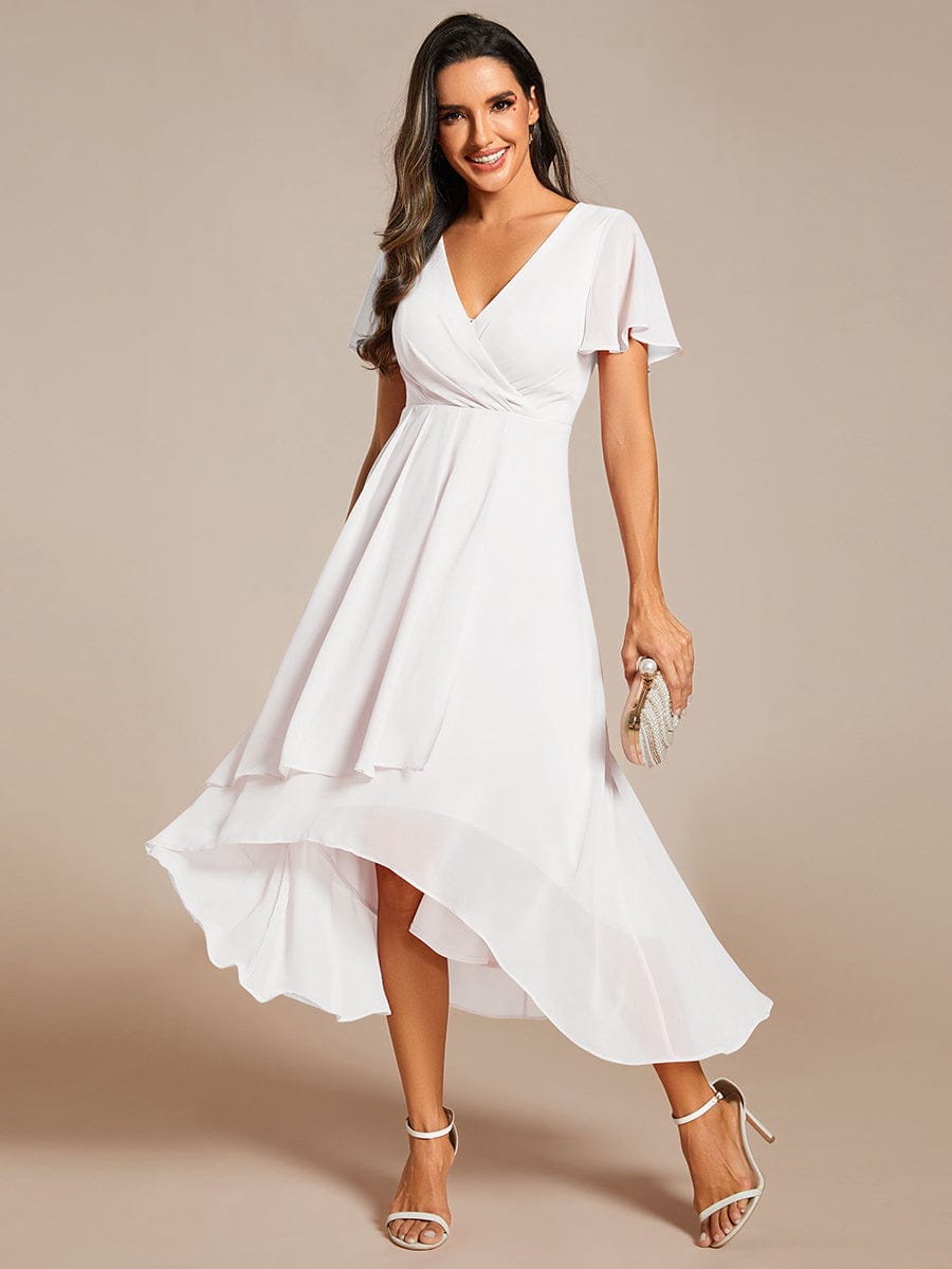 Chiffon Elegance Short Sleeve High-Low Wedding Guest Dress #color_White