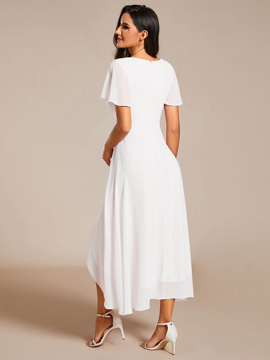 Custom Size Chiffon Elegance Short Sleeve High-Low Wedding Guest Dress #color_White