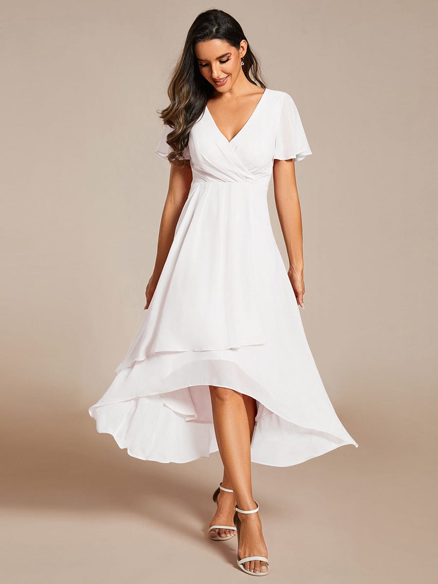 Chiffon Elegance Short Sleeve High-Low Wedding Guest Dress #color_White