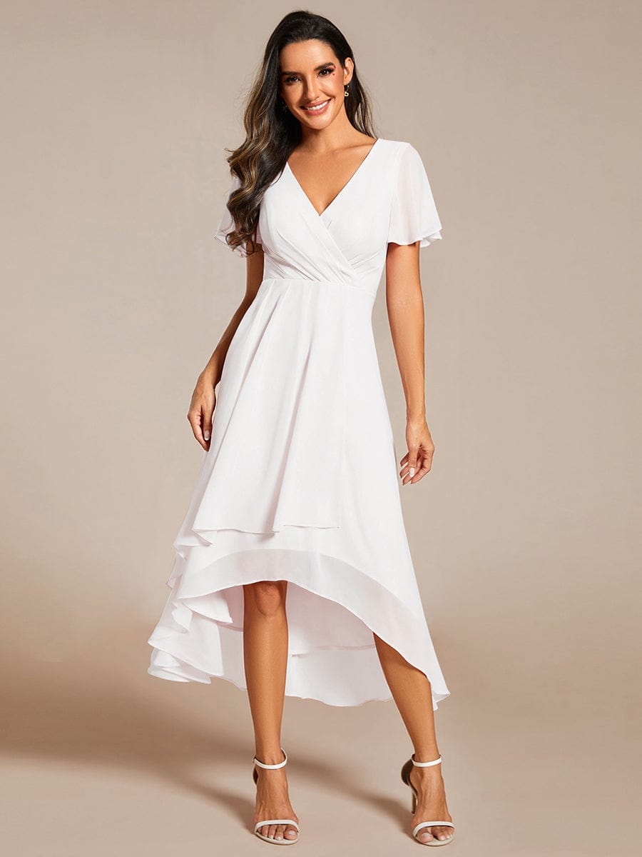 Custom Size Chiffon Elegance Short Sleeve High-Low Wedding Guest Dress #color_White