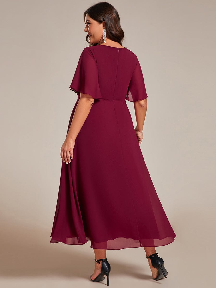 V-Neck Chiffon Wedding Guest Dress with Waist Applique #color_Burgundy