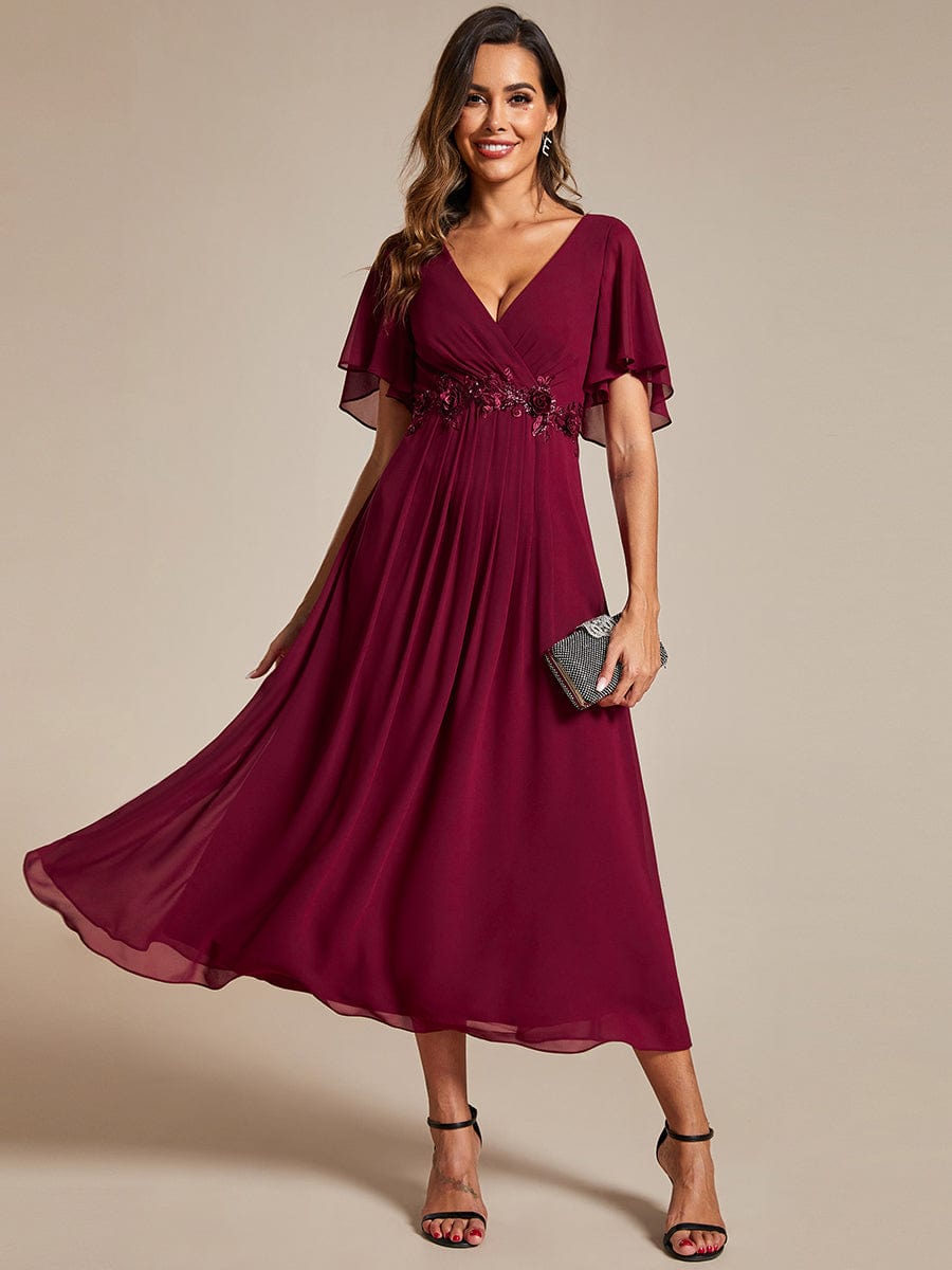 V-Neck Chiffon Wedding Guest Dress with Waist Applique #color_Burgundy