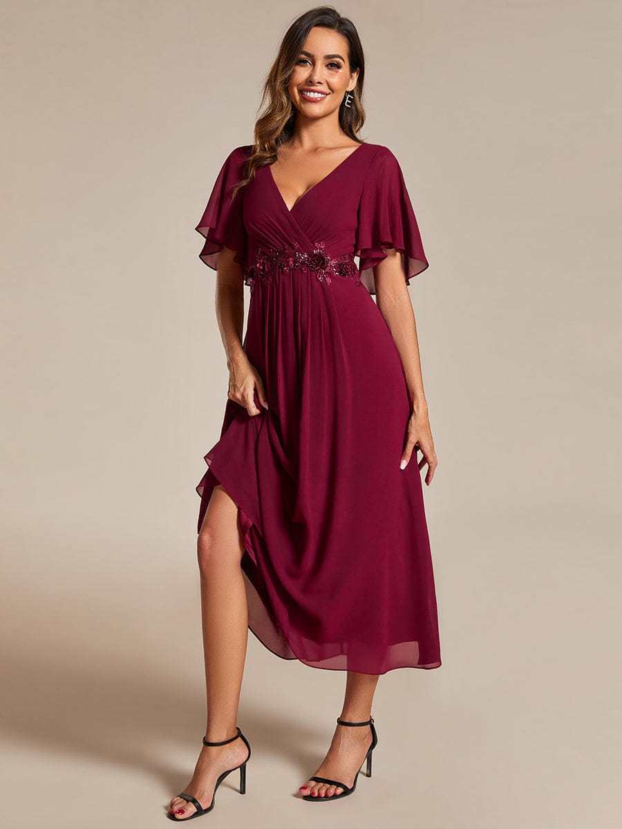 V-Neck Chiffon Wedding Guest Dress with Waist Applique #color_Burgundy