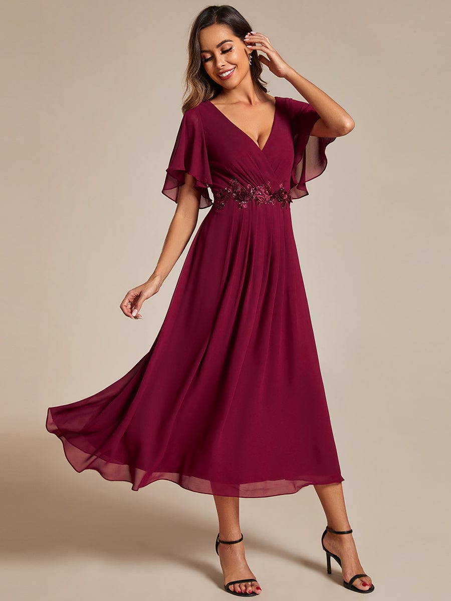 V-Neck Chiffon Wedding Guest Dress with Waist Applique #color_Burgundy