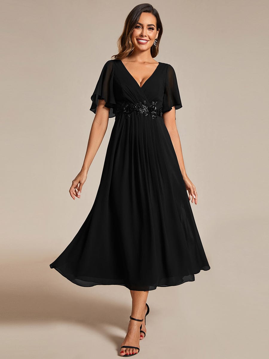 V-Neck Chiffon Wedding Guest Dress with Waist Applique #color_Black