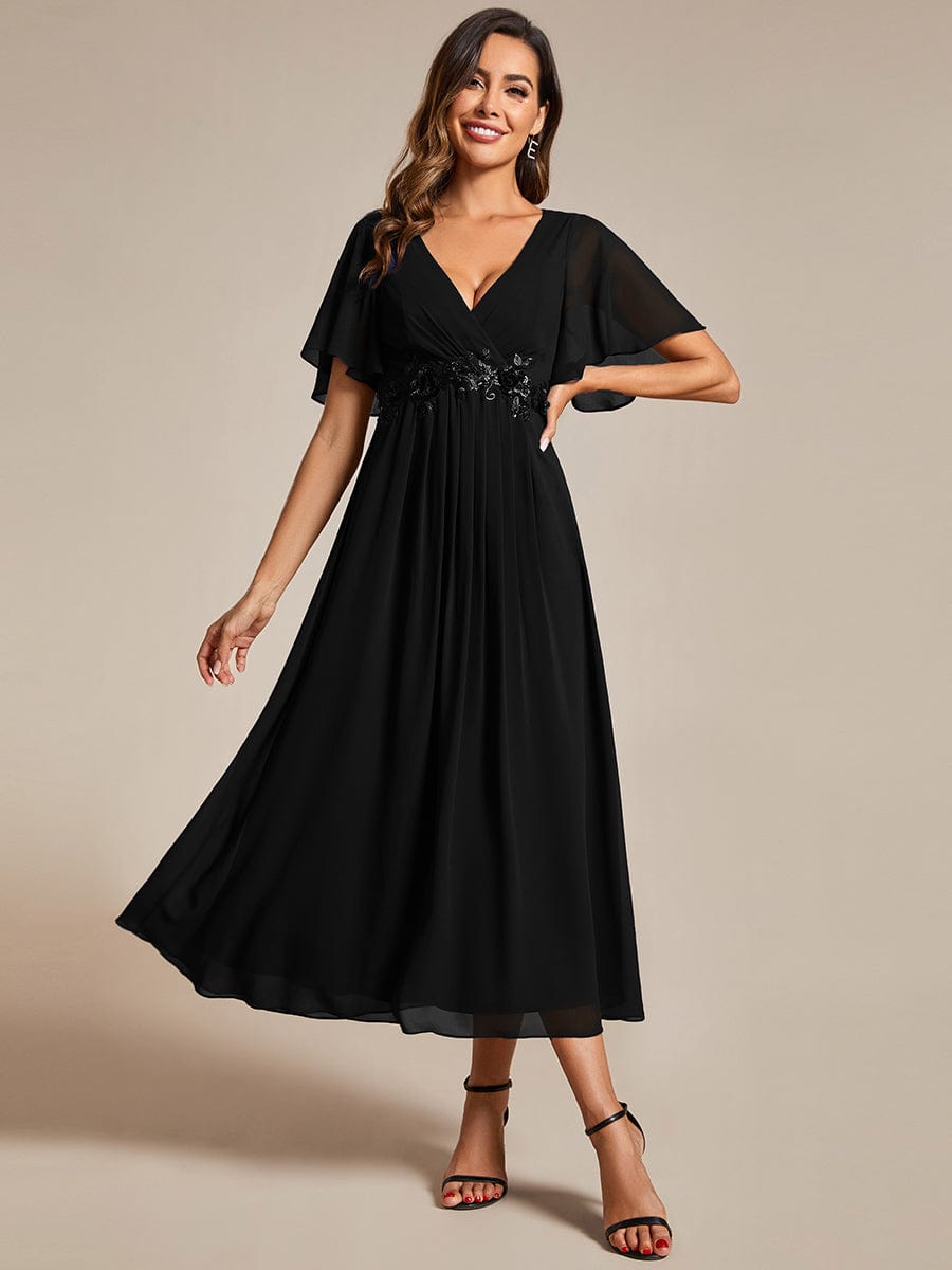 V-Neck Chiffon Wedding Guest Dress with Waist Applique #color_Black