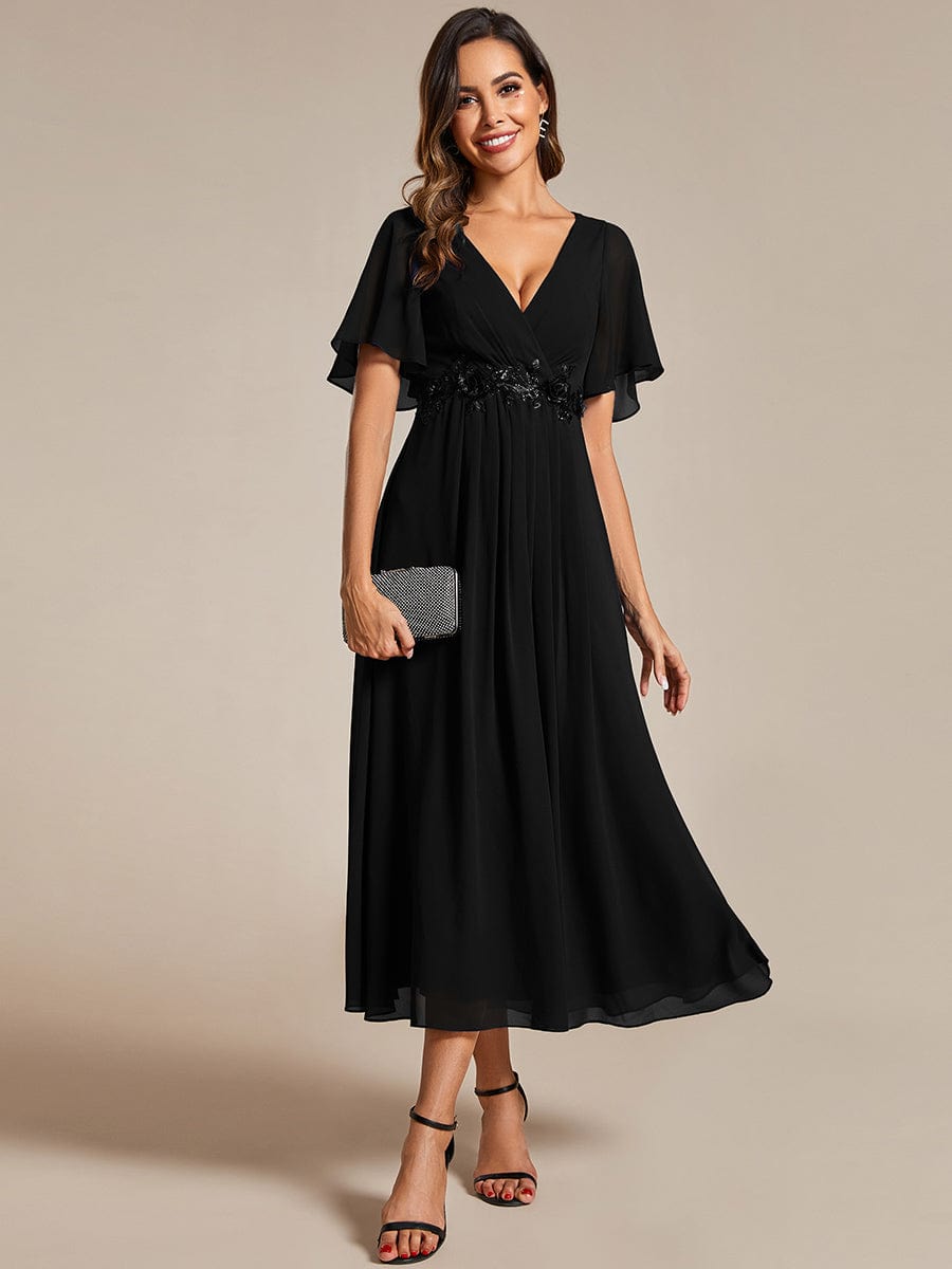 V-Neck Chiffon Wedding Dress with Waist Applique #color_Black