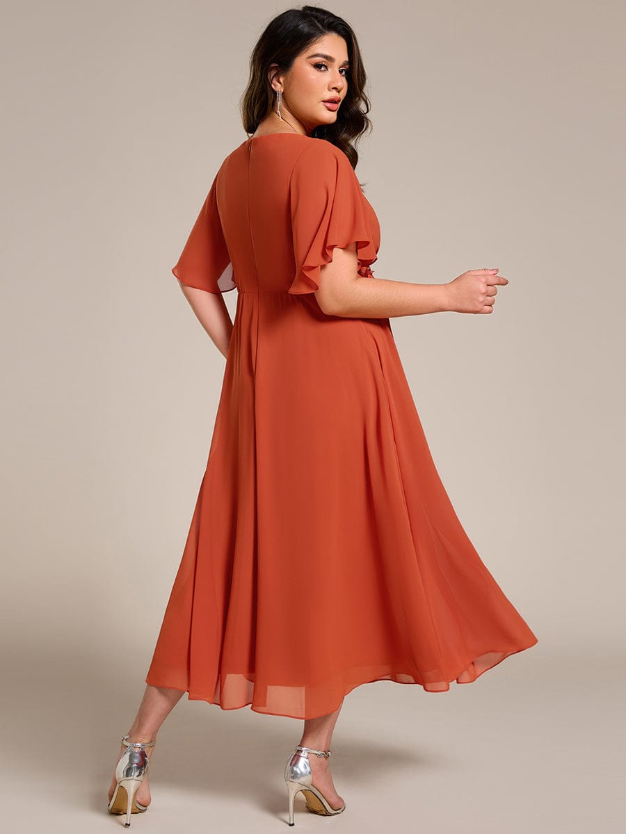 Plus Size V-Neck Chiffon Wedding Guest Dress with Waist Applique #color_Burnt Orange