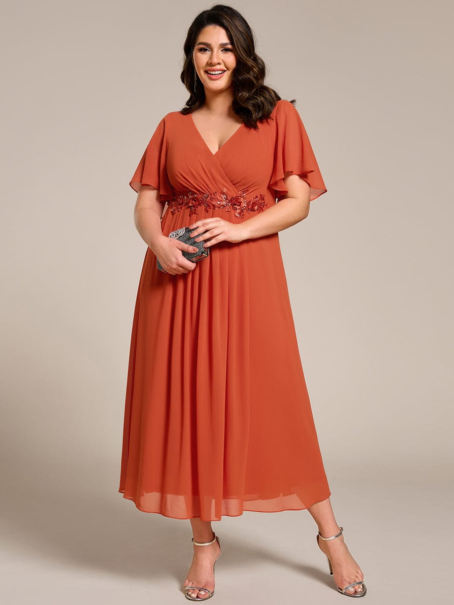 Plus Size V-Neck Chiffon Wedding Guest Dress with Waist Applique #color_Burnt Orange