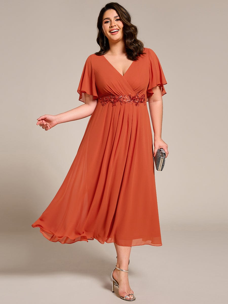 Plus Size V-Neck Chiffon Wedding Guest Dress with Waist Applique #color_Burnt Orange