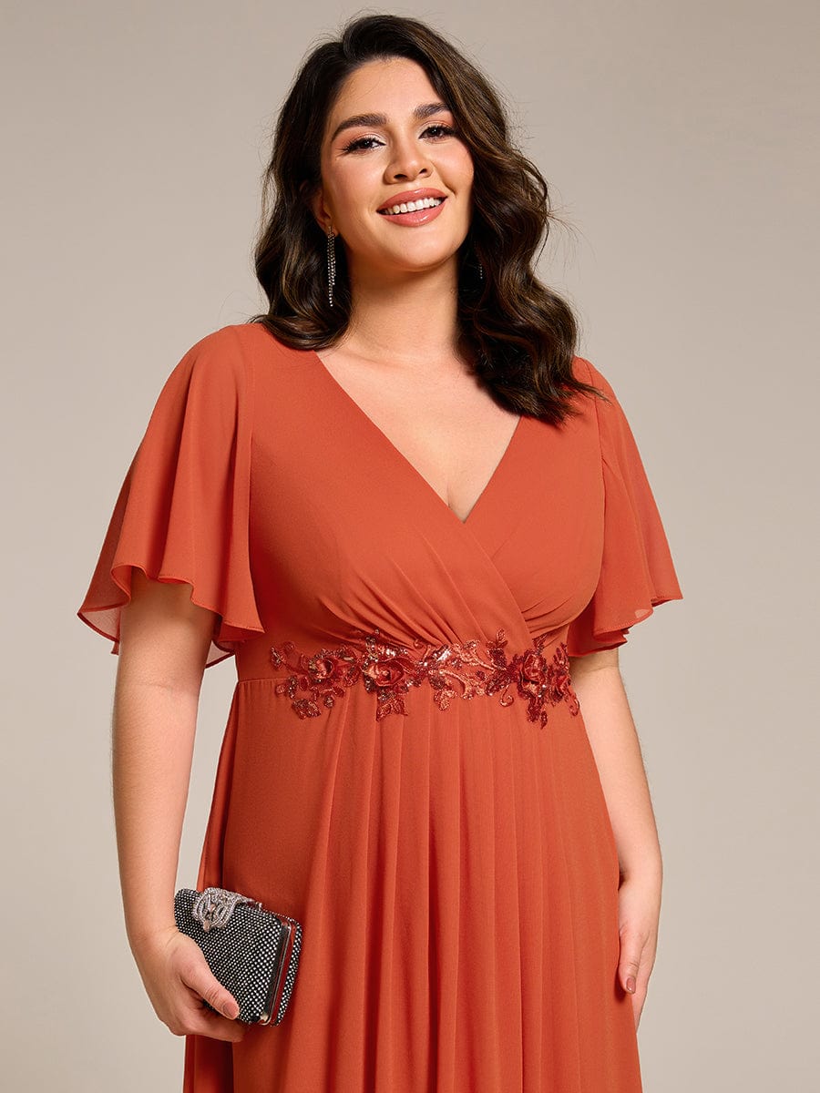 Plus Size V-Neck Chiffon Wedding Guest Dress with Waist Applique #color_Burnt Orange