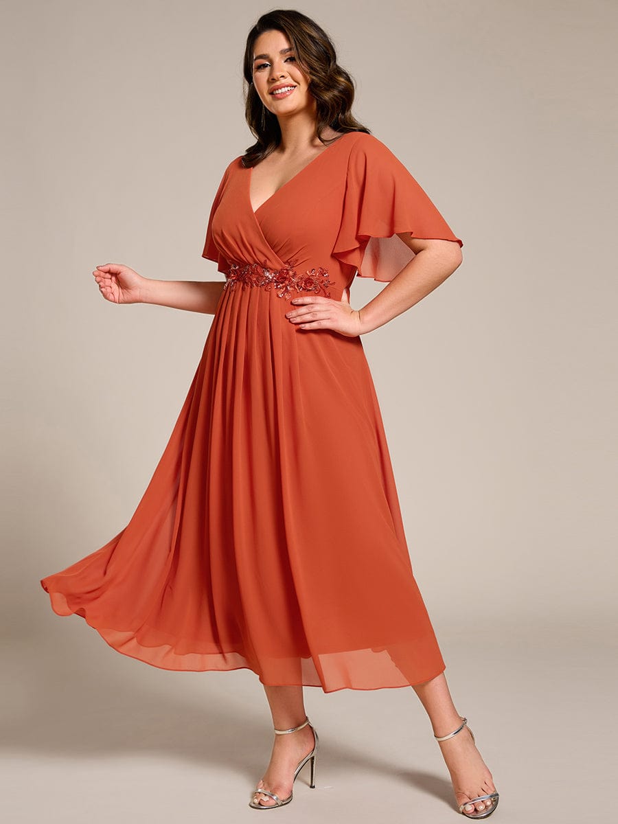 Plus Size V-Neck Chiffon Wedding Guest Dress with Waist Applique #color_Burnt Orange