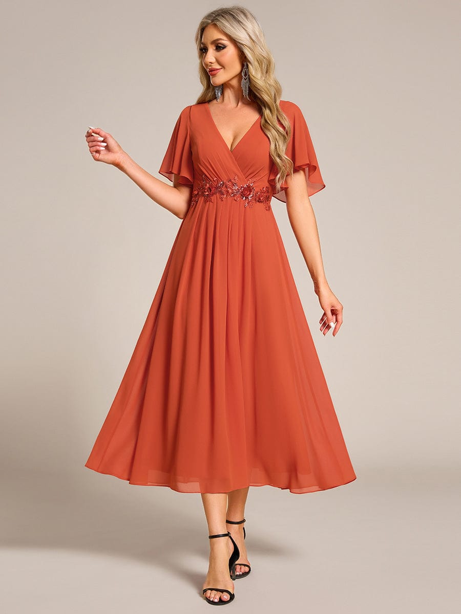 V-Neck Chiffon Wedding Guest Dress with Waist Applique #color_Burnt Orange