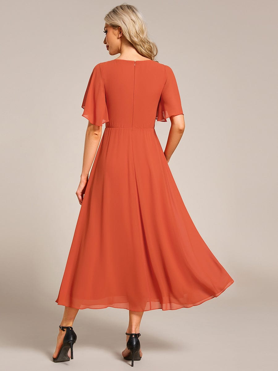 V-Neck Chiffon Wedding Guest Dress with Waist Applique #color_Burnt Orange