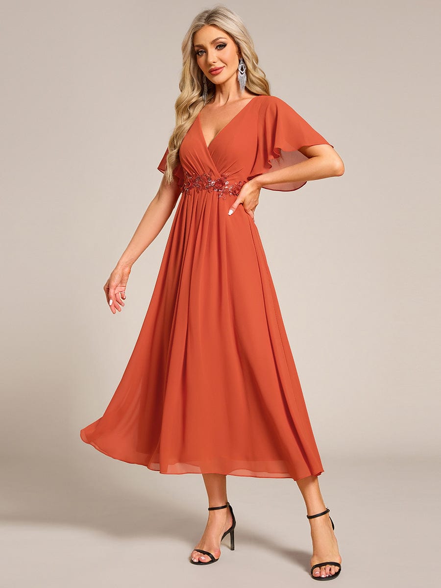 V-Neck Chiffon Wedding Guest Dress with Waist Applique #color_Burnt Orange