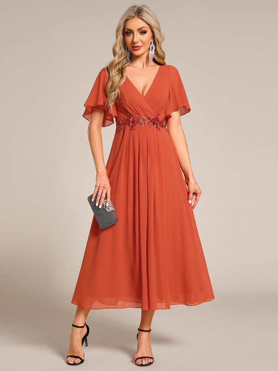 V-Neck Chiffon Wedding Guest Dress with Waist Applique #color_Burnt Orange