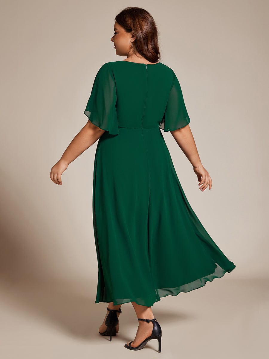 V-Neck Chiffon Wedding Guest Dress with Waist Applique #color_Dark Green