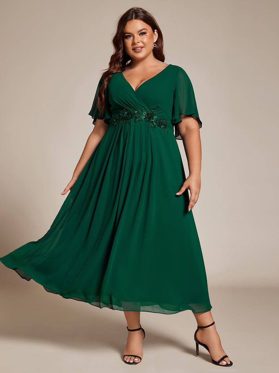 V-Neck Chiffon Wedding Guest Dress with Waist Applique #color_Dark Green