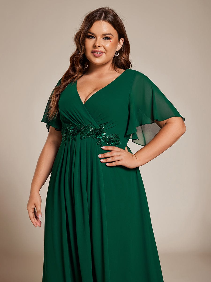 V-Neck Chiffon Wedding Guest Dress with Waist Applique #color_Dark Green