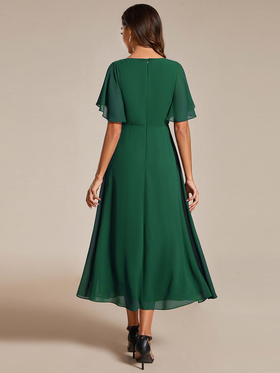 V-Neck Chiffon Wedding Guest Dress with Waist Applique #color_Dark Green