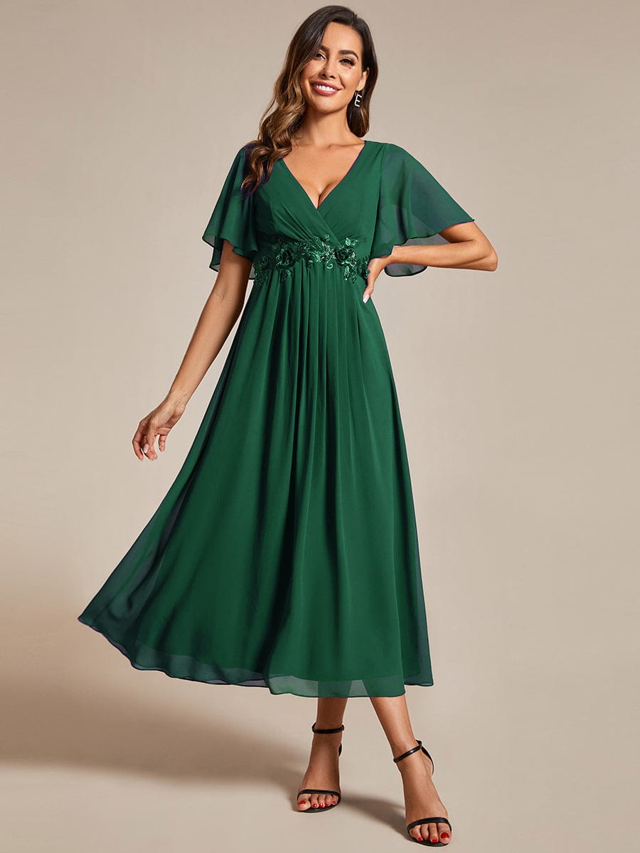 V-Neck Chiffon Wedding Guest Dress with Waist Applique #color_Dark Green