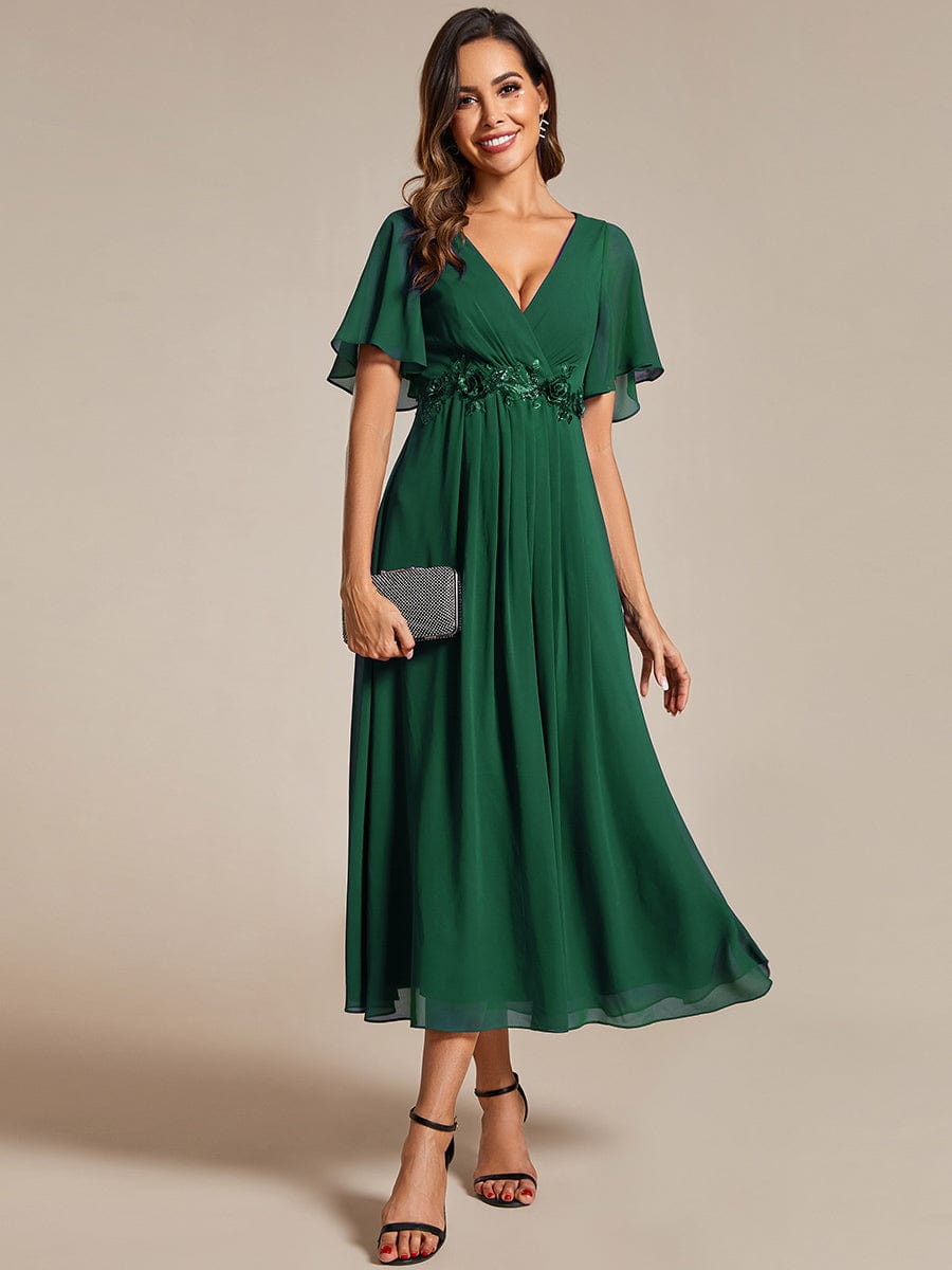 V-Neck Chiffon Wedding Guest Dress with Waist Applique #color_Dark Green