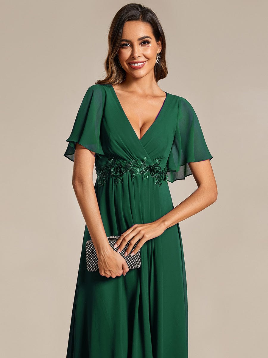 V-Neck Chiffon Wedding Guest Dress with Waist Applique #color_Dark Green