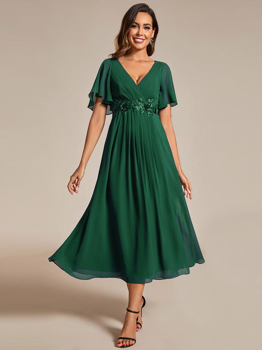 V-Neck Chiffon Wedding Guest Dress with Waist Applique #color_Dark Green