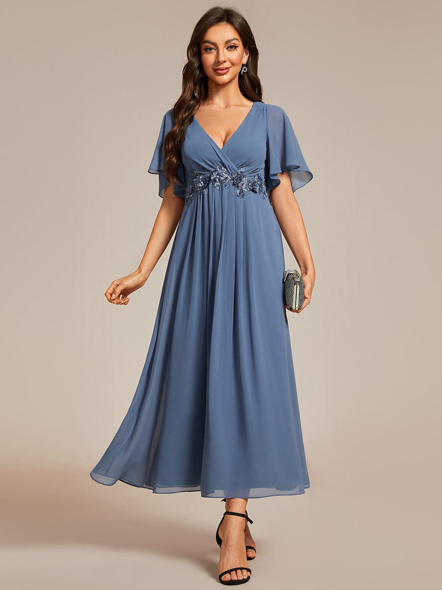 V-Neck Chiffon Wedding Guest Dress with Waist Applique #color_Dusty Blue