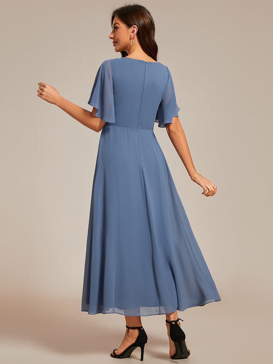 V-Neck Chiffon Wedding Guest Dress with Waist Applique #color_Dusty Blue