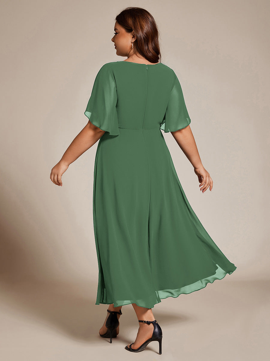 V-Neck Chiffon Wedding Guest Dress with Waist Applique #color_Eucalyptus Green