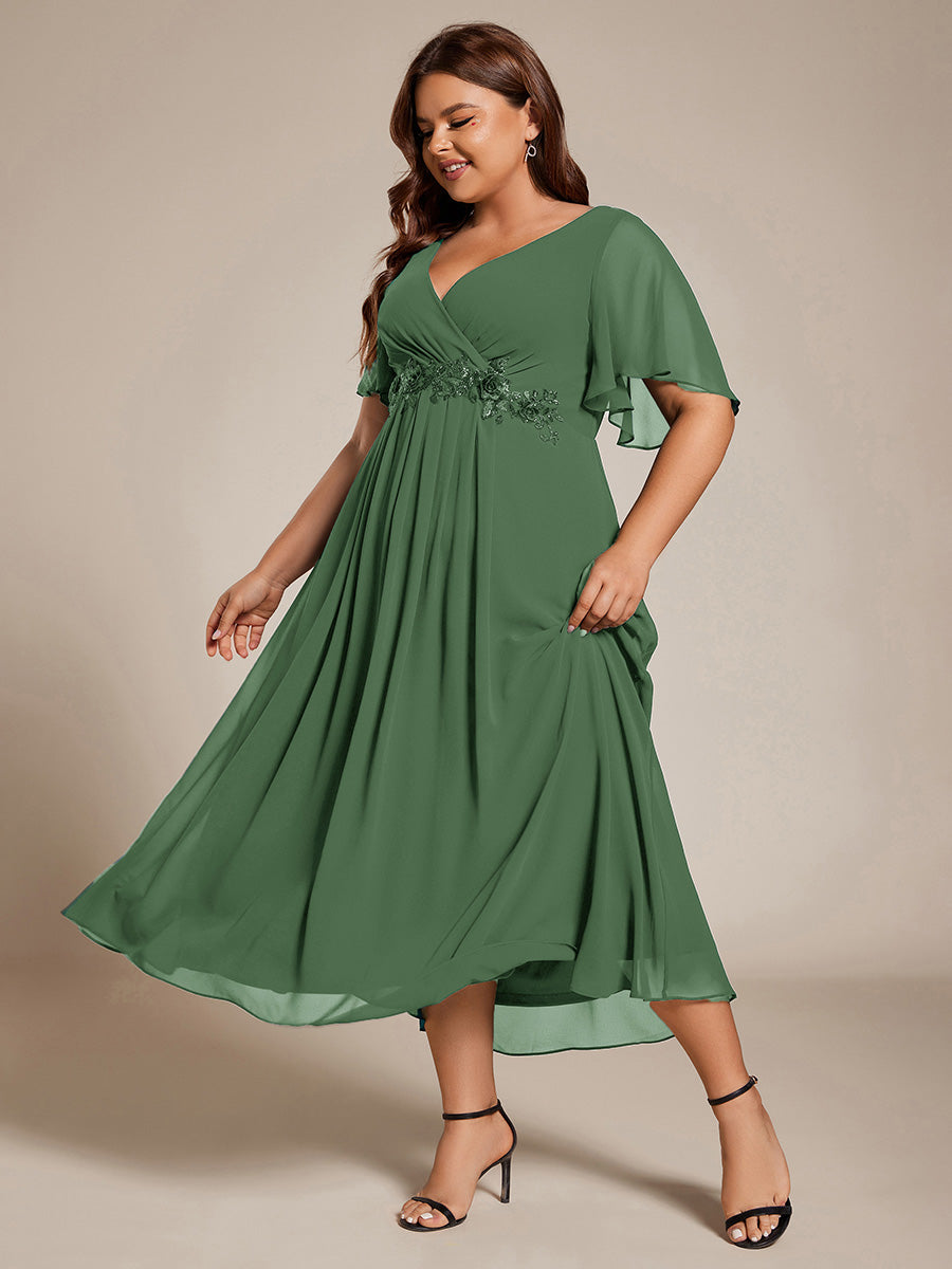 V-Neck Chiffon Wedding Guest Dress with Waist Applique #color_Eucalyptus Green