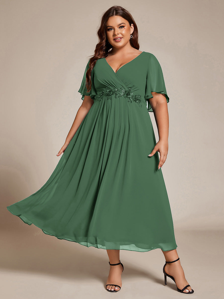 V-Neck Chiffon Wedding Guest Dress with Waist Applique #color_Eucalyptus Green