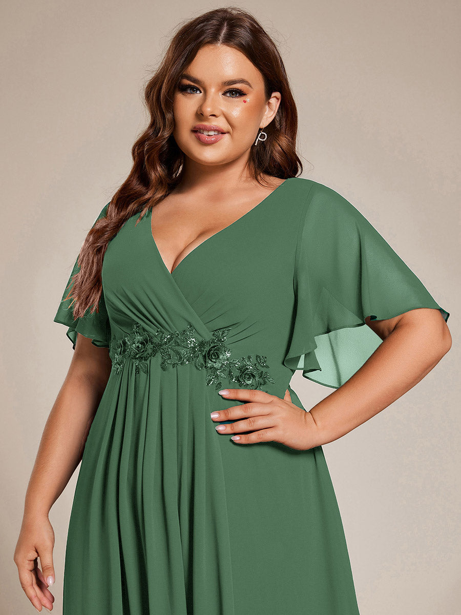 V-Neck Chiffon Wedding Guest Dress with Waist Applique #color_Eucalyptus Green