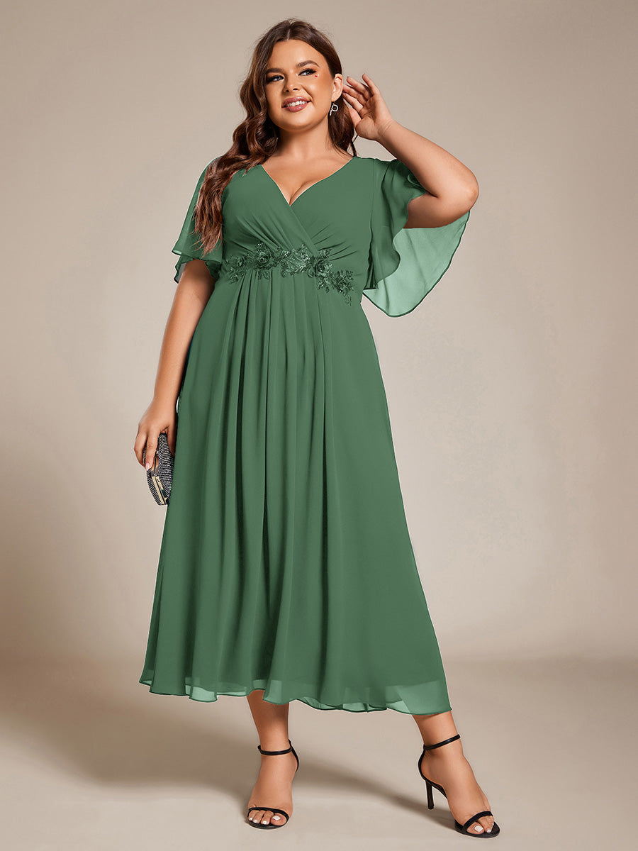 V-Neck Chiffon Wedding Guest Dress with Waist Applique #color_Eucalyptus Green