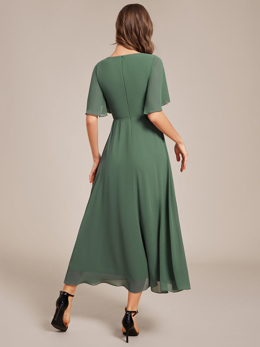 V-Neck Chiffon Wedding Guest Dress with Waist Applique #color_Eucalyptus Green