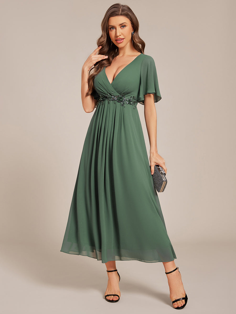 V-Neck Chiffon Wedding Guest Dress with Waist Applique #color_Eucalyptus Green