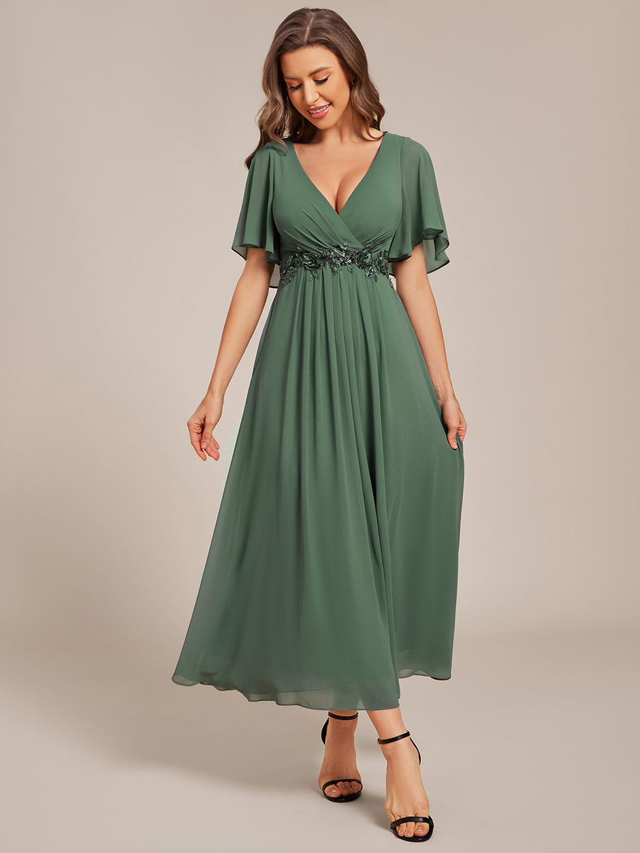 V-Neck Chiffon Wedding Guest Dress with Waist Applique #color_Eucalyptus Green