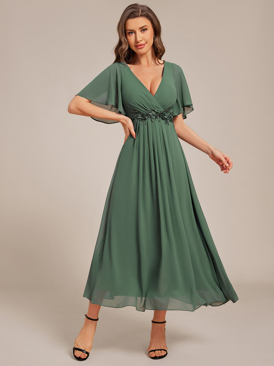 V-Neck Chiffon Wedding Guest Dress with Waist Applique #color_Eucalyptus Green