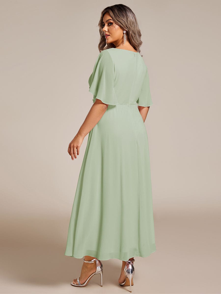 V-Neck Chiffon Wedding Guest Dress with Waist Applique #color_Mint Green