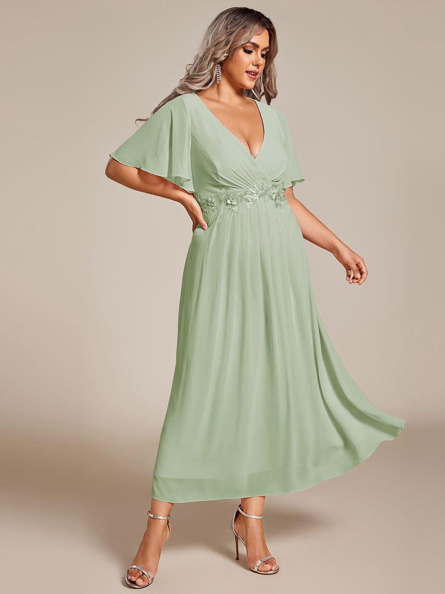 V-Neck Chiffon Wedding Guest Dress with Waist Applique #color_Mint Green