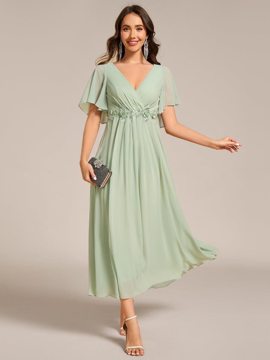 V-Neck Chiffon Wedding Guest Dress with Waist Applique #color_Mint Green