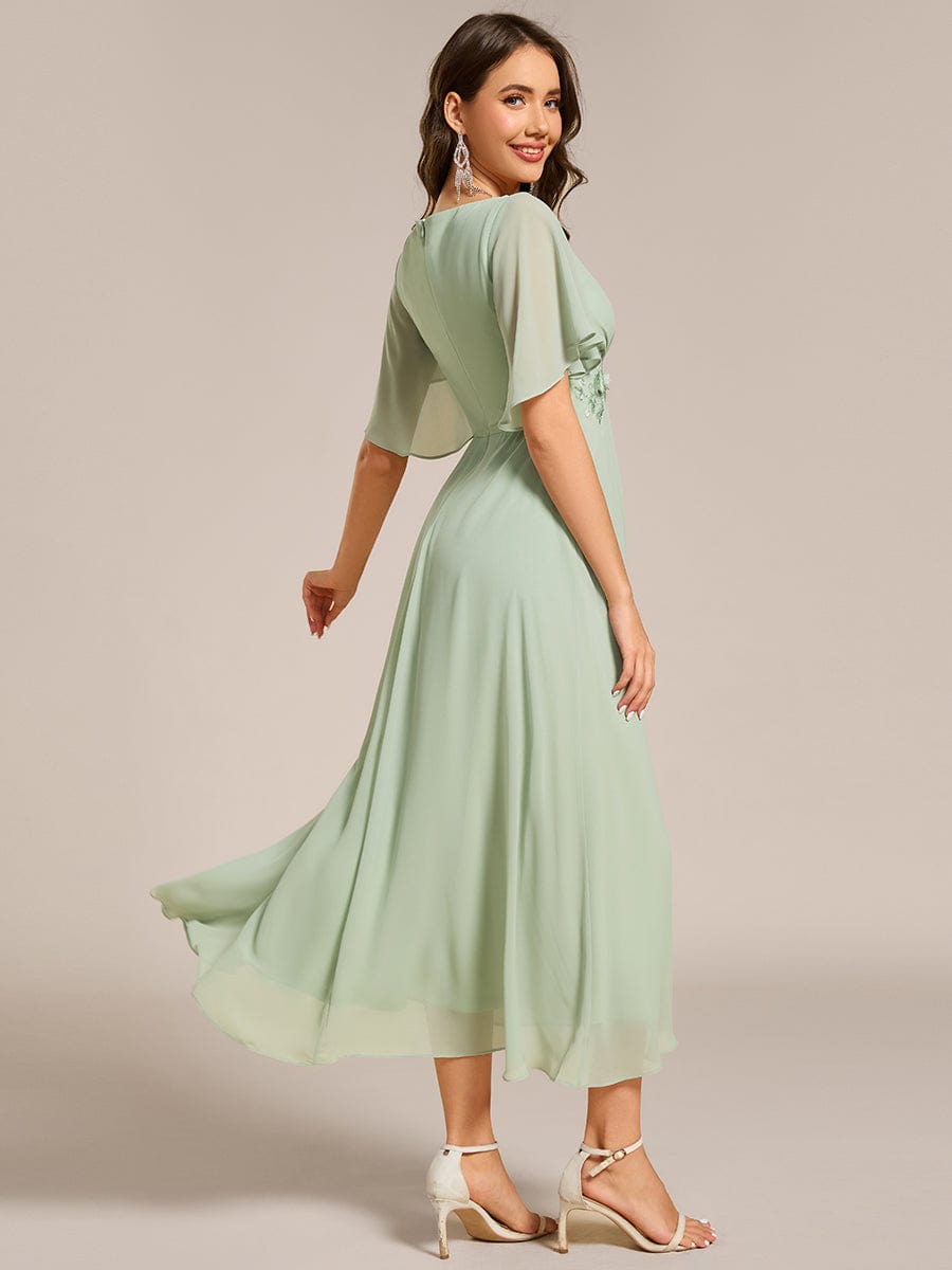 V-Neck Chiffon Wedding Guest Dress with Waist Applique #color_Mint Green