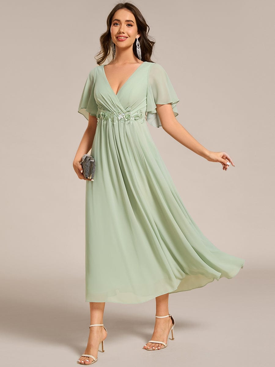 V-Neck Chiffon Wedding Guest Dress with Waist Applique #color_Mint Green