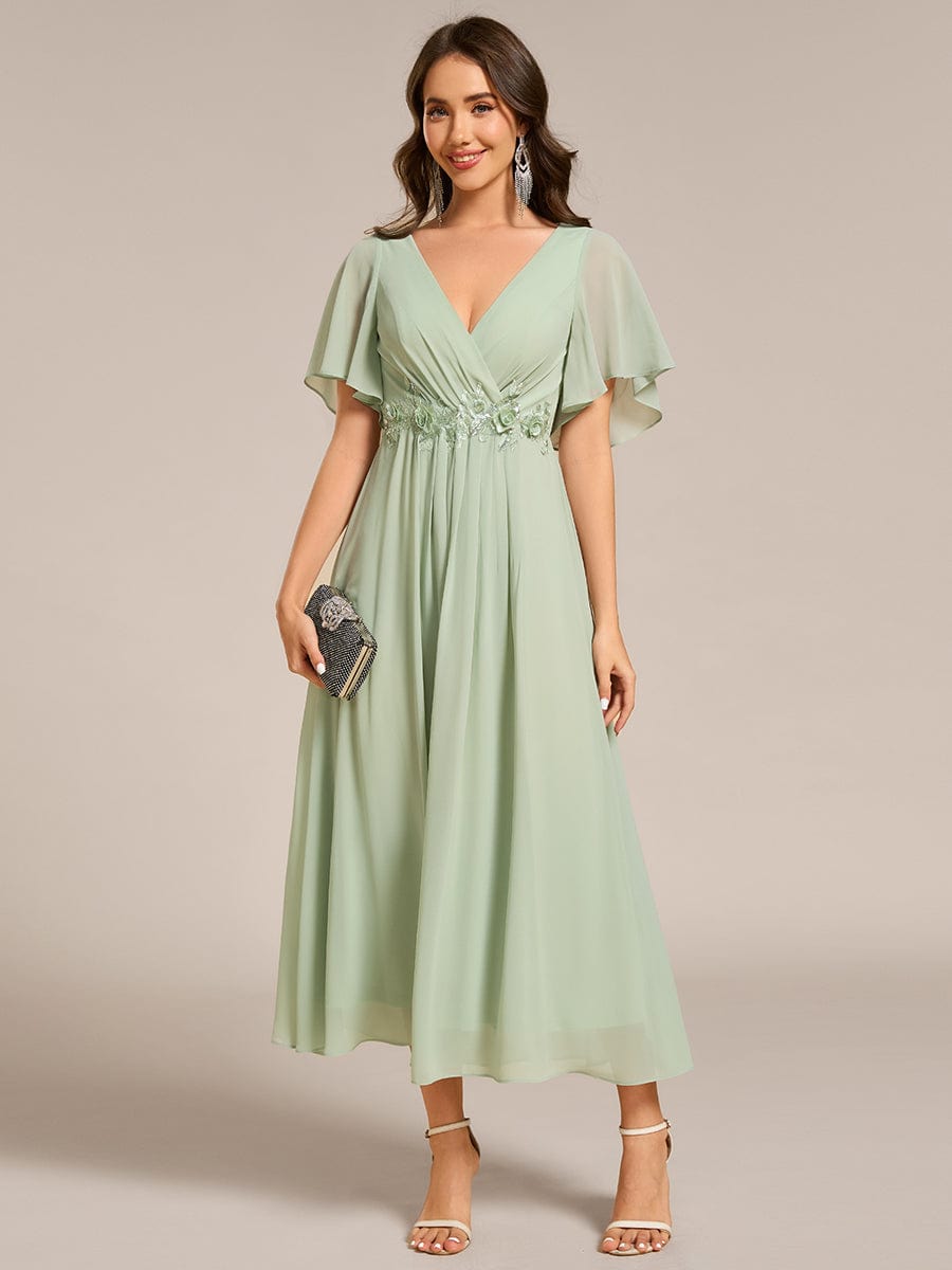 V-Neck Chiffon Wedding Guest Dress with Waist Applique #color_Mint Green