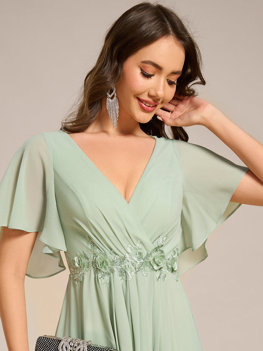 V-Neck Chiffon Wedding Guest Dress with Waist Applique #color_Mint Green