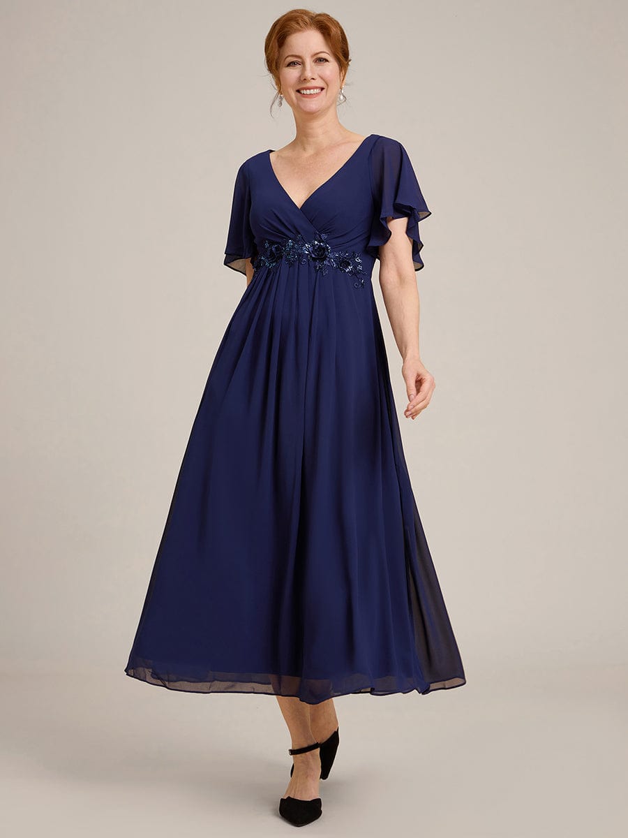 V-Neck Chiffon Wedding Guest Dress with Waist Applique #color_Navy Blue