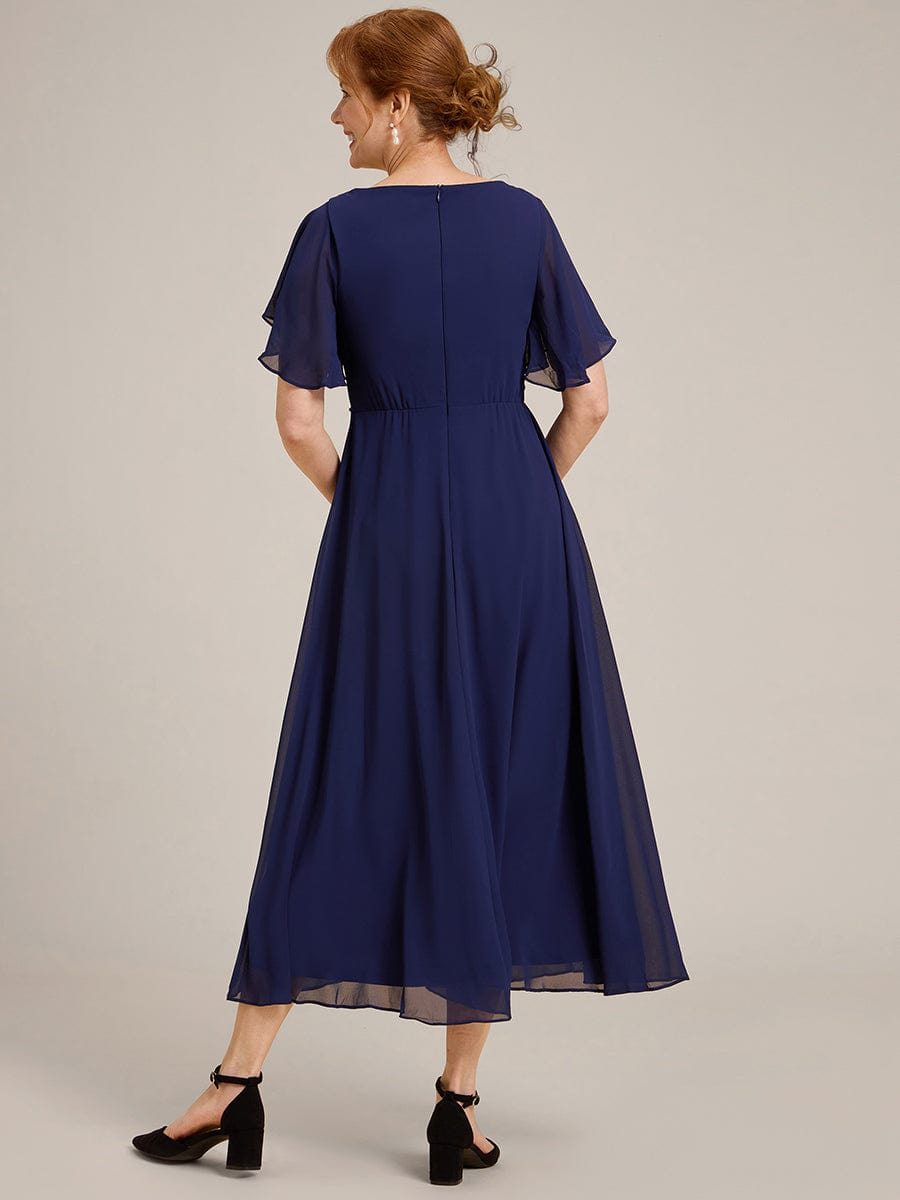 V-Neck Chiffon Wedding Guest Dress with Waist Applique #color_Navy Blue