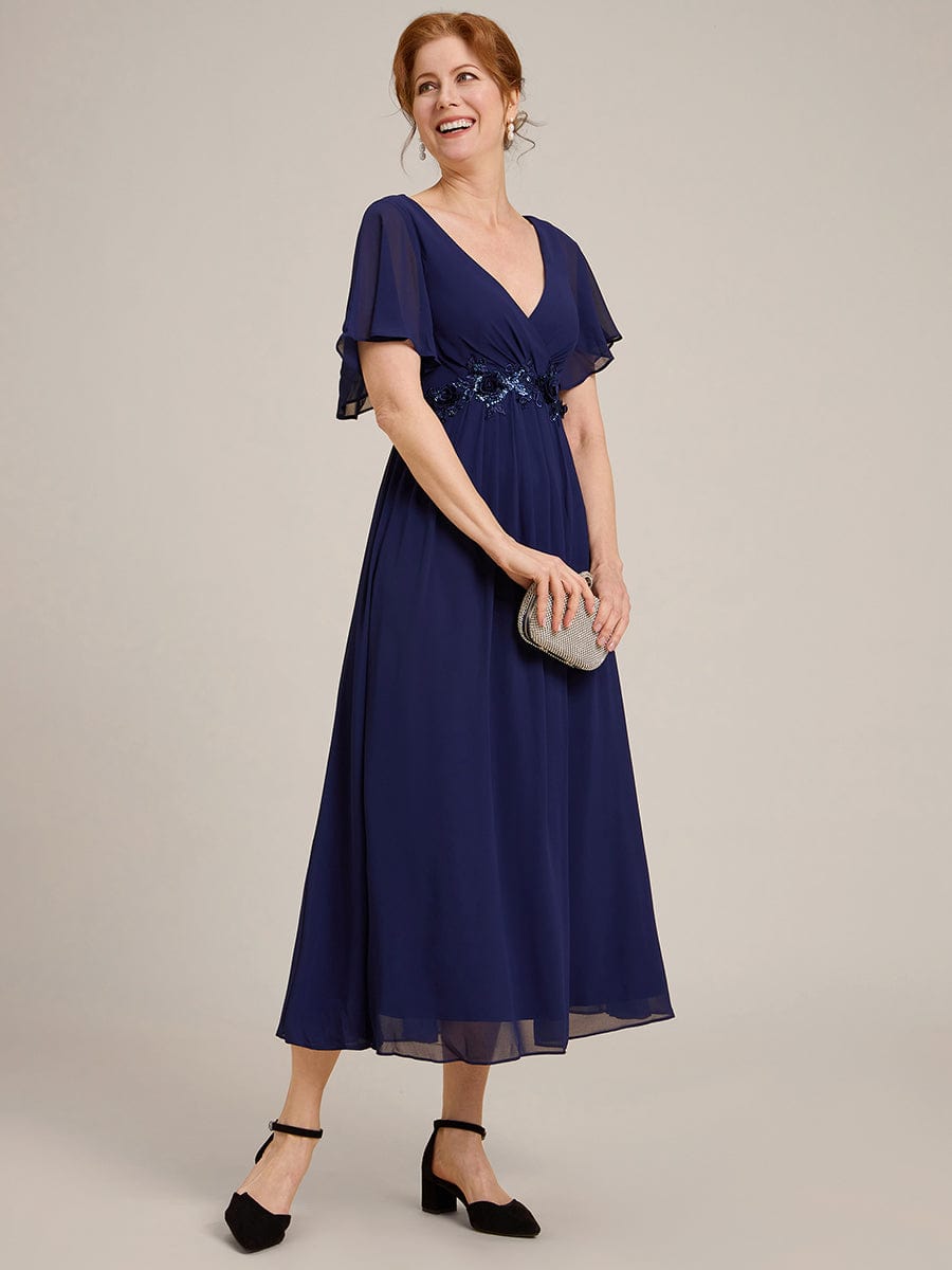 V-Neck Chiffon Wedding Guest Dress with Waist Applique #color_Navy Blue